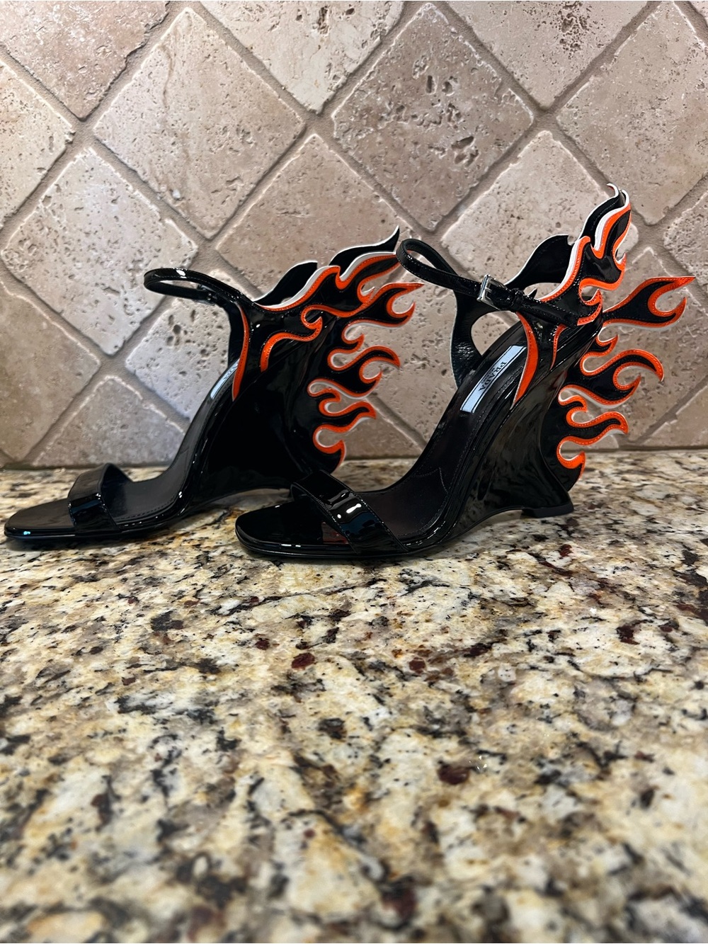 Prada 2018 Flame Detail Black Patent Wedge Sandals with Orange Flame Accent
